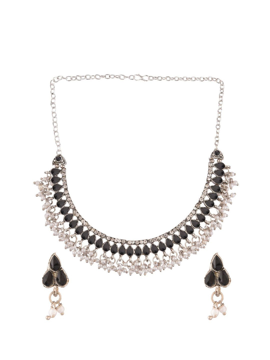 Efulgenz Rhodium-Plated Black Stone Studded & Beaded Jewelry Set