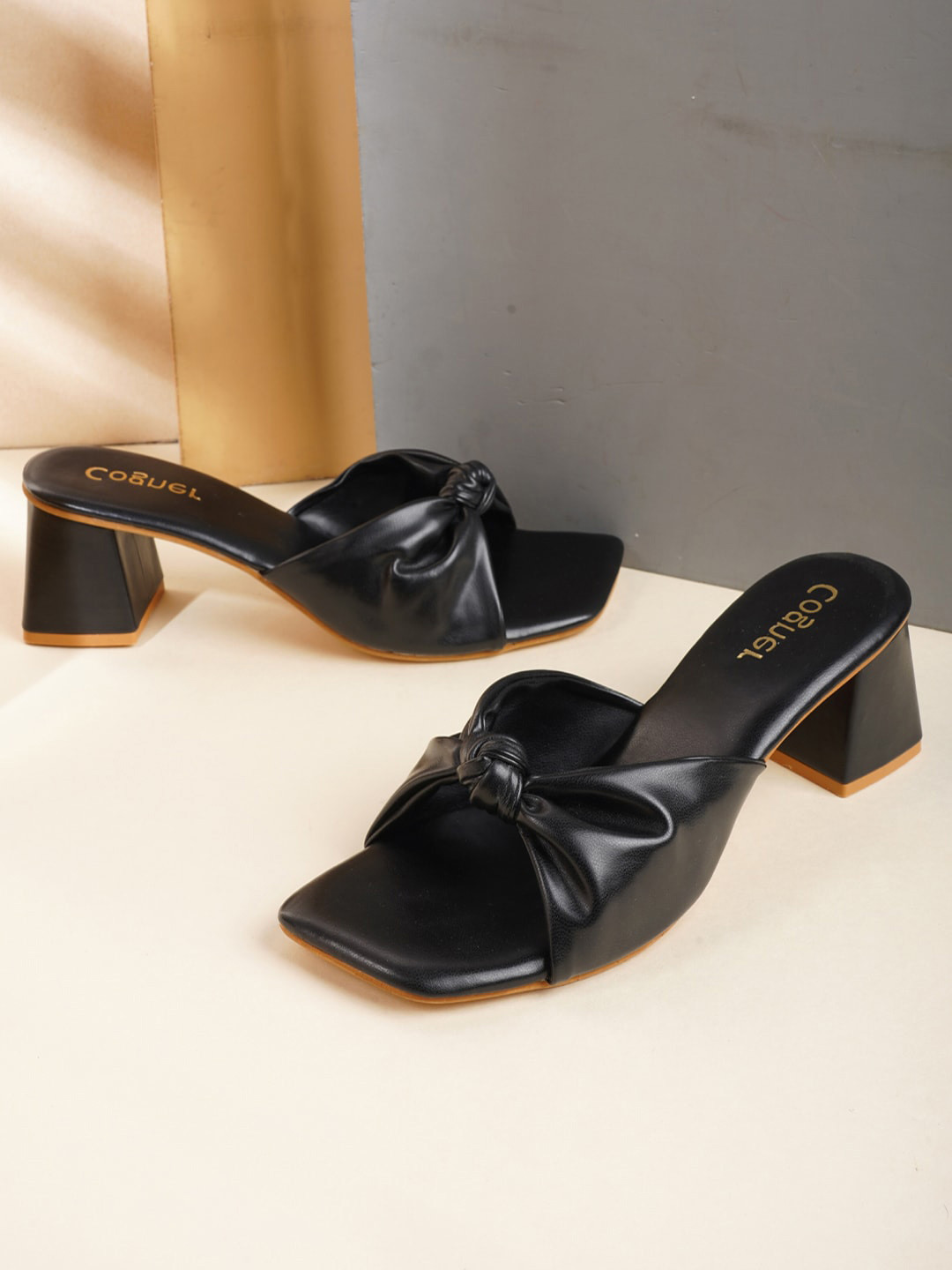 Cogner Black Block Sandals with Bows