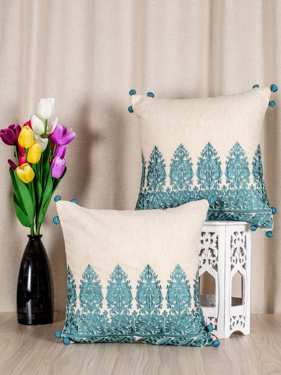 SHADES of LIFE Pack of 5 Beige & Blue Ethnic Motifs Cotton Square Cushion Covers