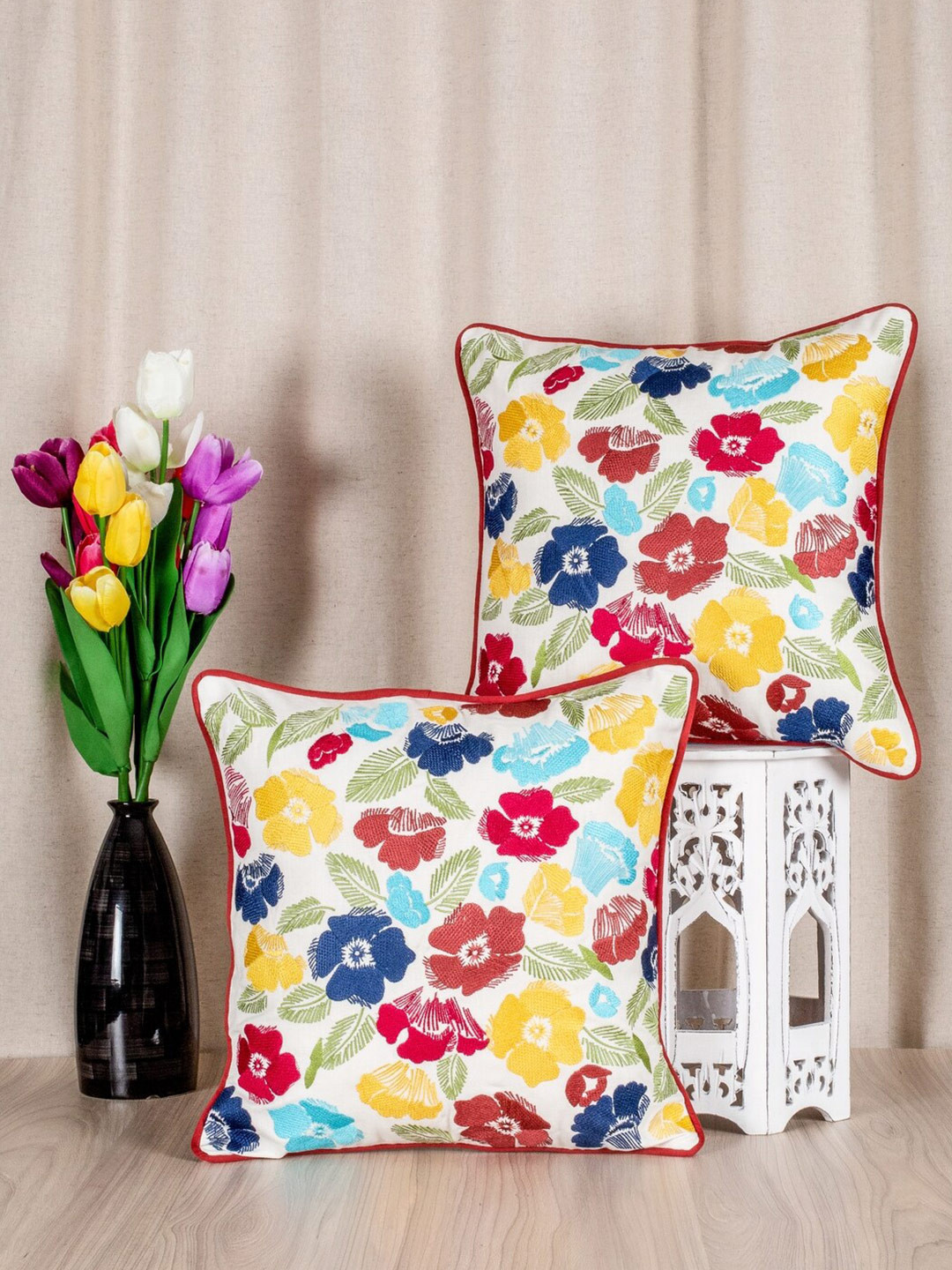 SHADES of LIFE Floral Cotton Breathable 2 Pcs Embroidered Cushion Covers - 16 x 16 Inches
