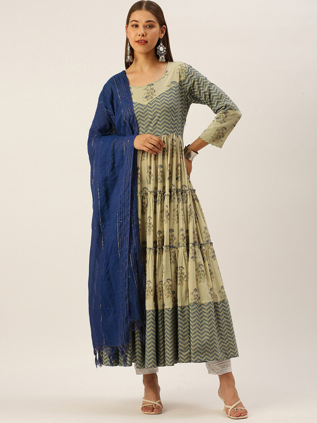 HERE&NOW Women Olive Green & Blue Printed Pure Cotton Anarkali Kurta With Dupatta