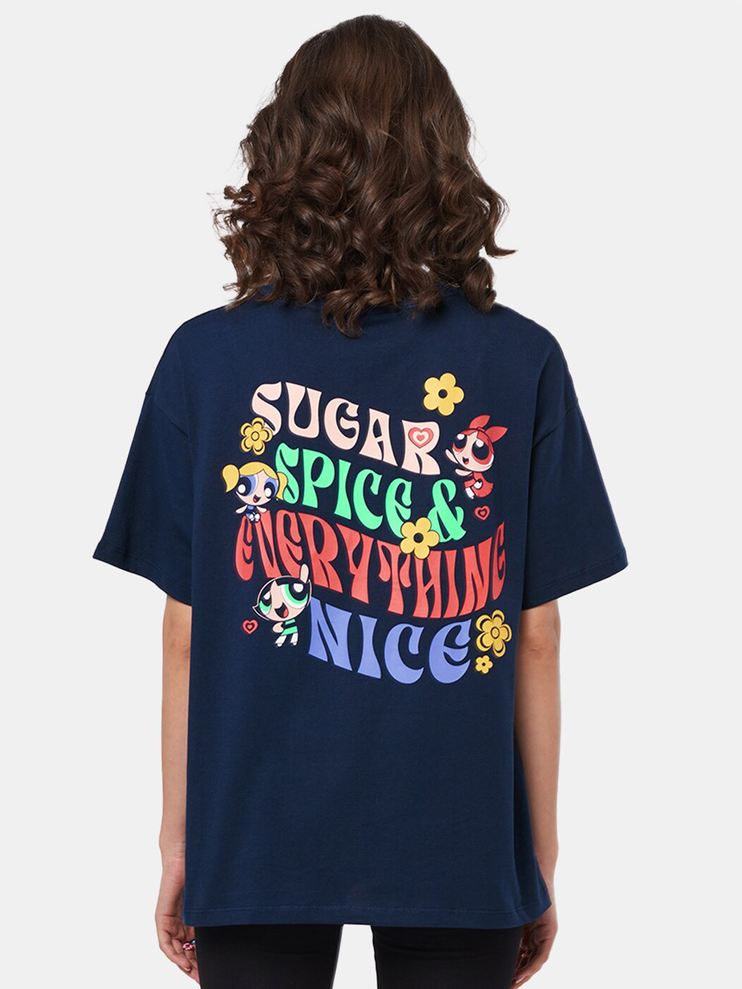 The Souled Store Women Navy Blue Power Puff Girls Spice Back Typography Oversized T-Shirt