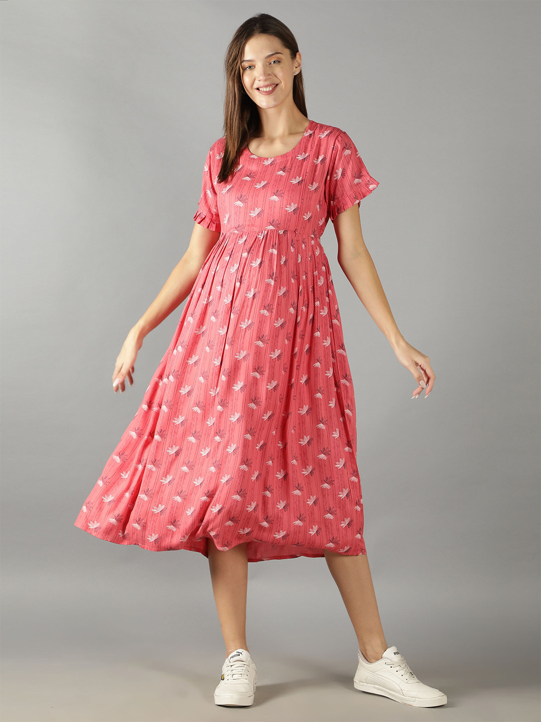 NIGHTSPREE Peach-Coloured Floral Printed Maternity A-Line Midi Dress