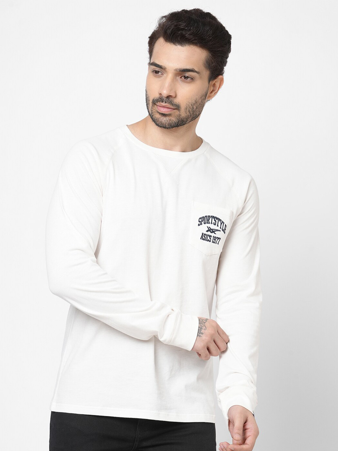 ASICS LS Men Cream Solid Cotton T shirt