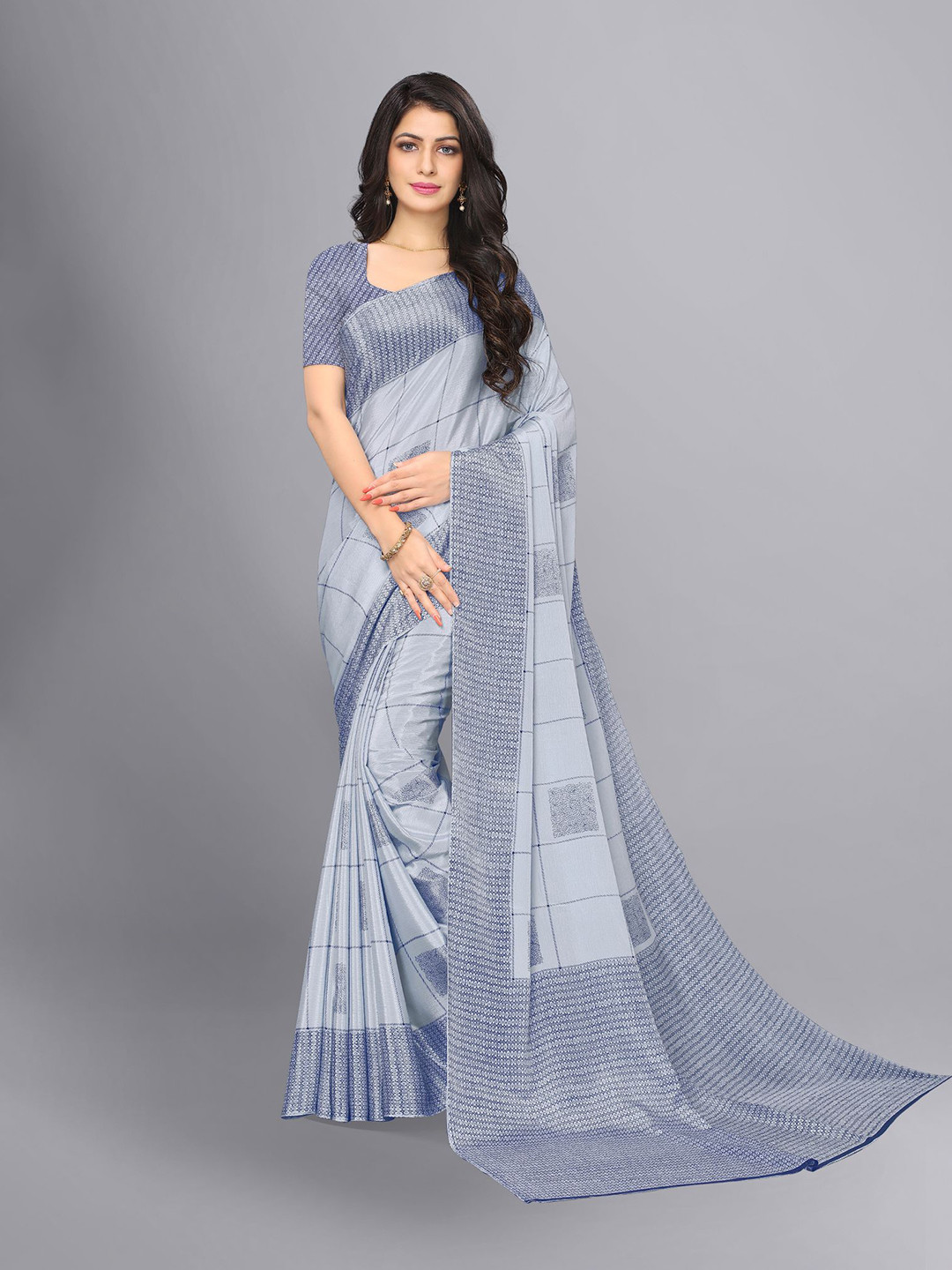VIMLA Grey & Black Checked Art Silk Tussar Saree