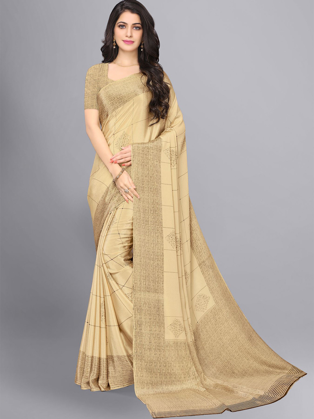 VIMLA Beige Checked Art Silk Tussar Saree
