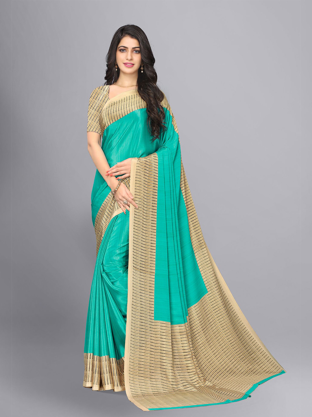 VIMLA Teal Green & Beige Striped Art Silk Tussar Saree
