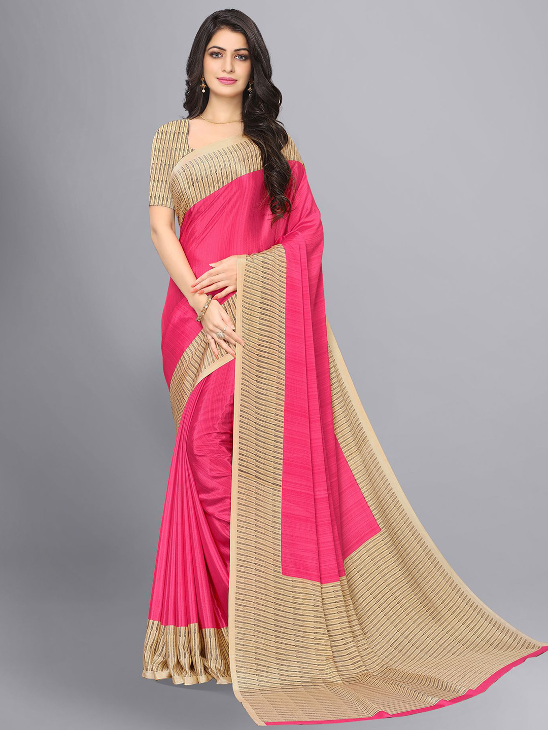 VIMLA Pink & Beige Striped Art Silk Tussar Saree