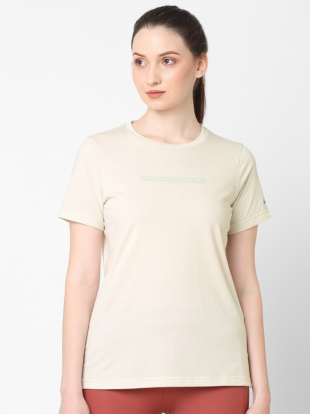 ASICS Women Cream-Coloured Brand Logo Graphic Cotton T-shirt