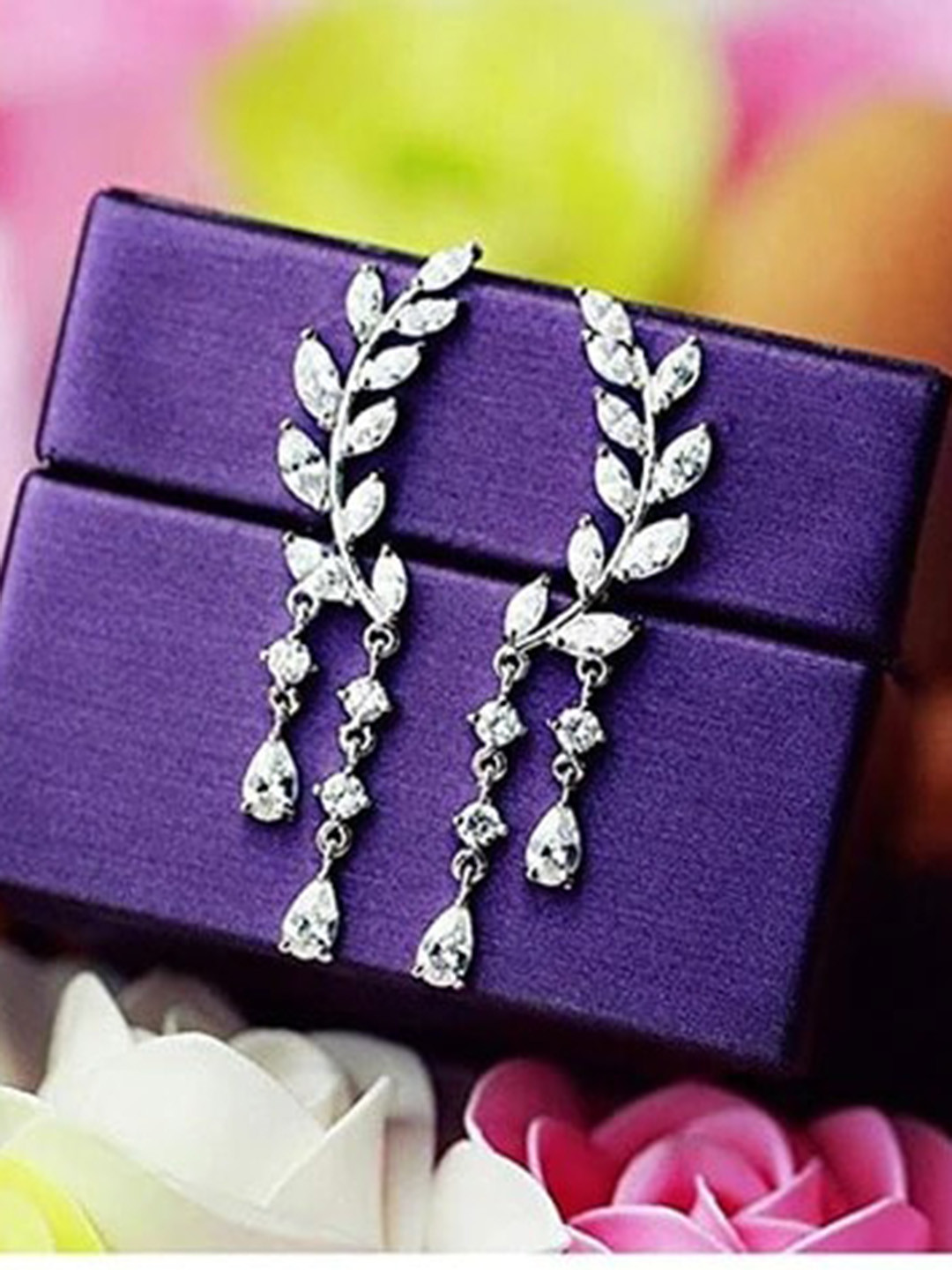 Pinapes Women Silver-Toned & White Classic Drop Earrings