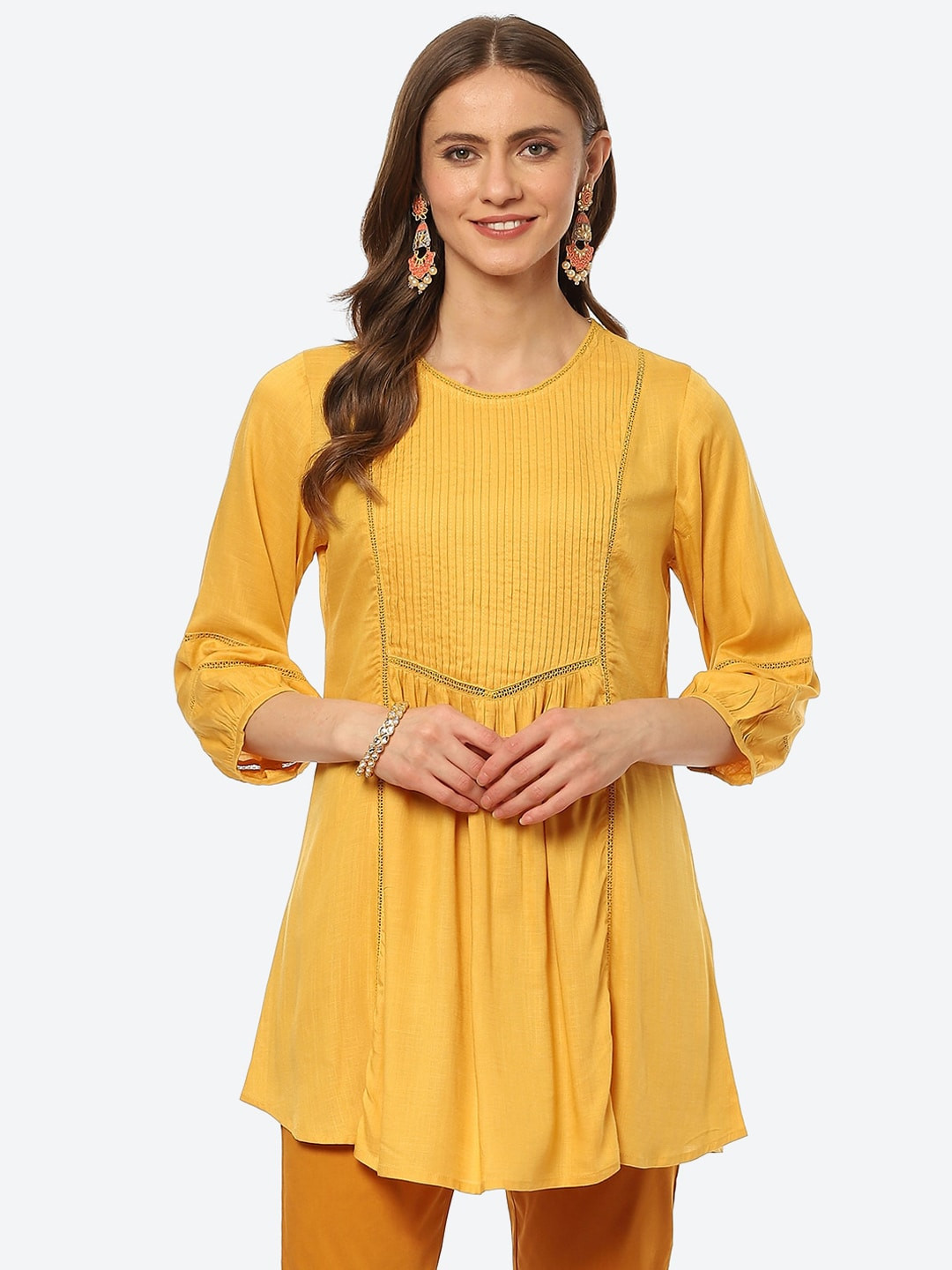 Biba Women Yellow Pleated And Panelled Puff Sleeves Kurti