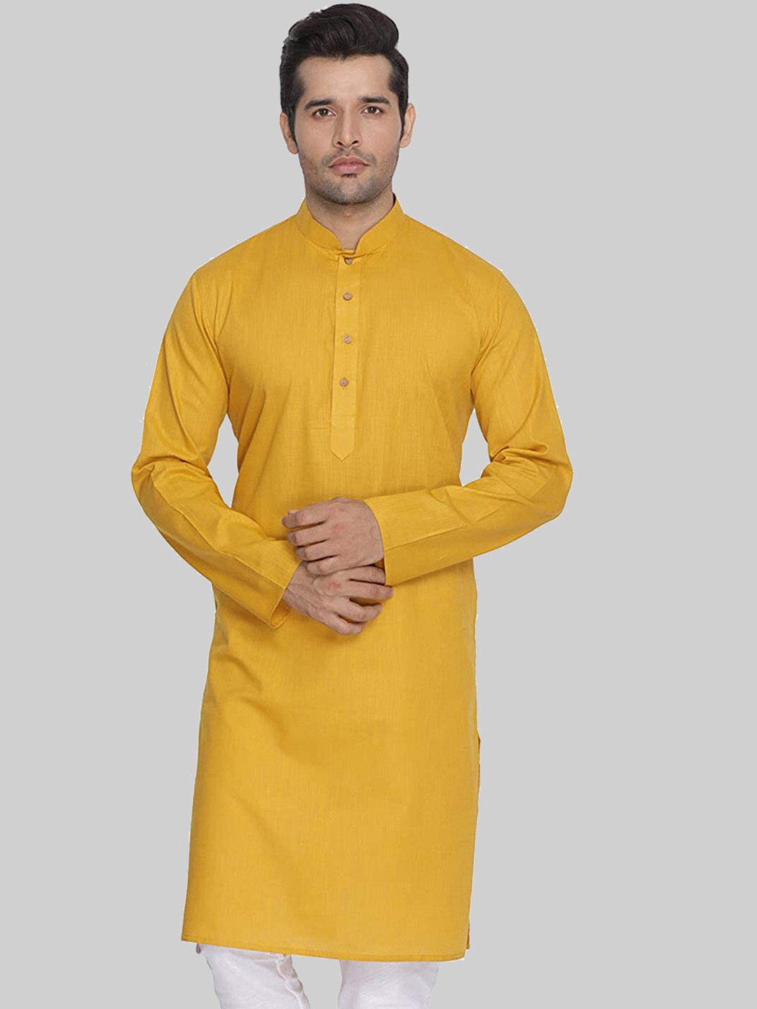 ROYAL KURTA Men Mustard Yellow Solid Cotton Kurta