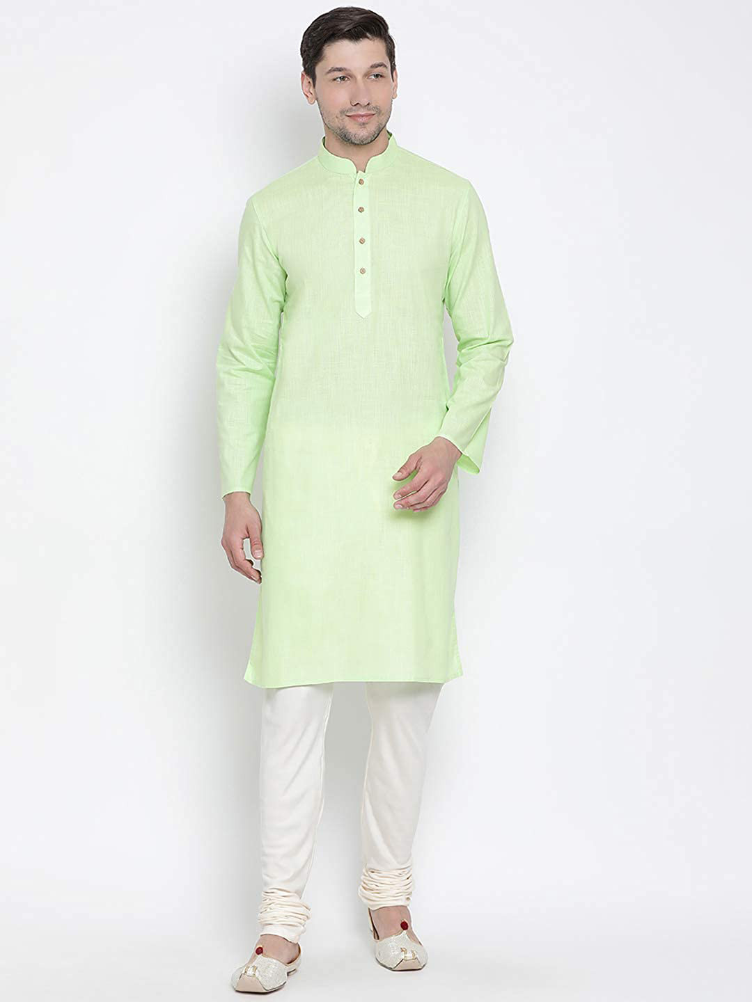 ROYAL KURTA Men Green & Off White Pure Cotton Kurta with Churidar