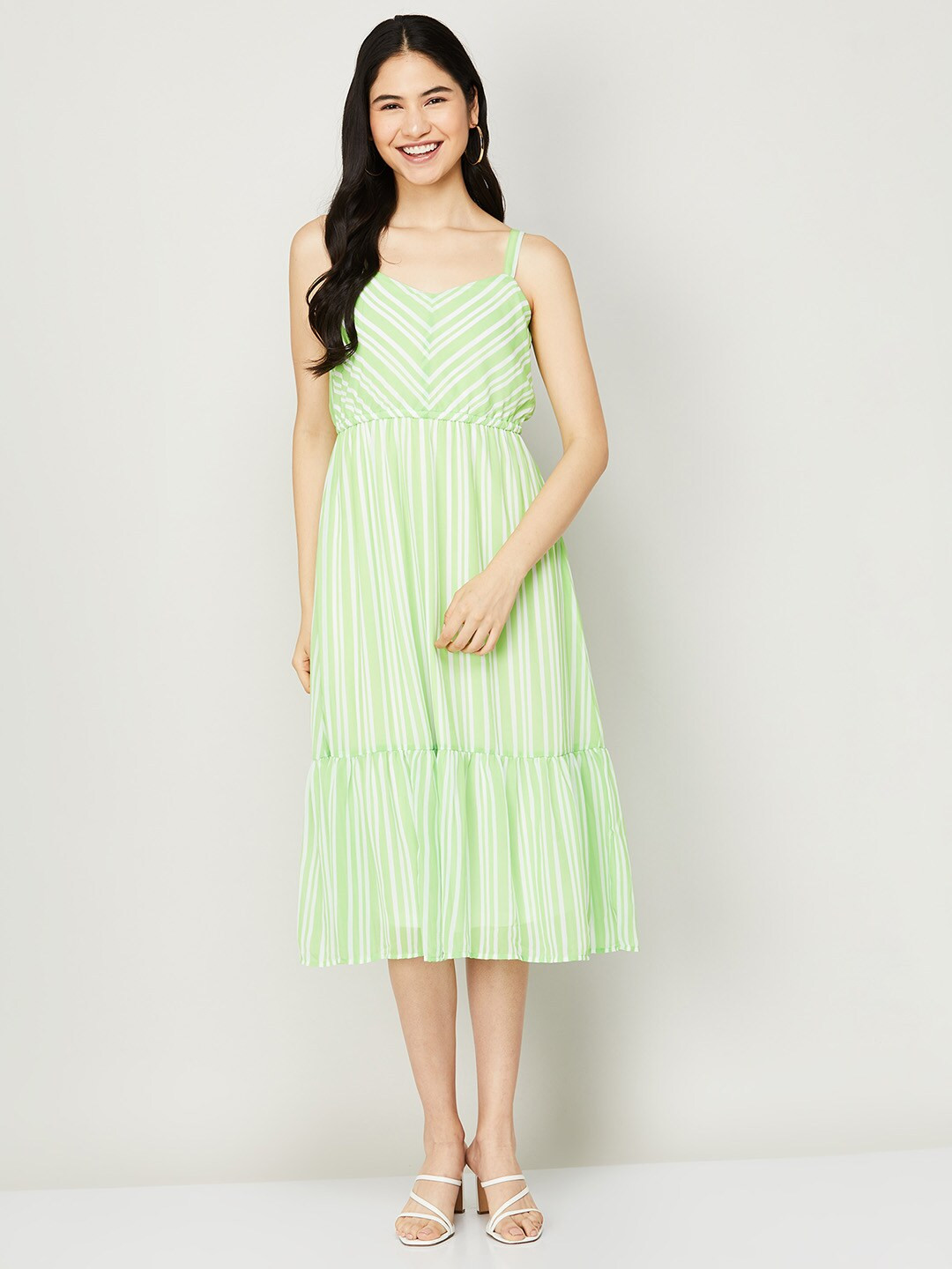 CODE by Lifestyle Green Printed Striped Shoulder Straps Midi Dress