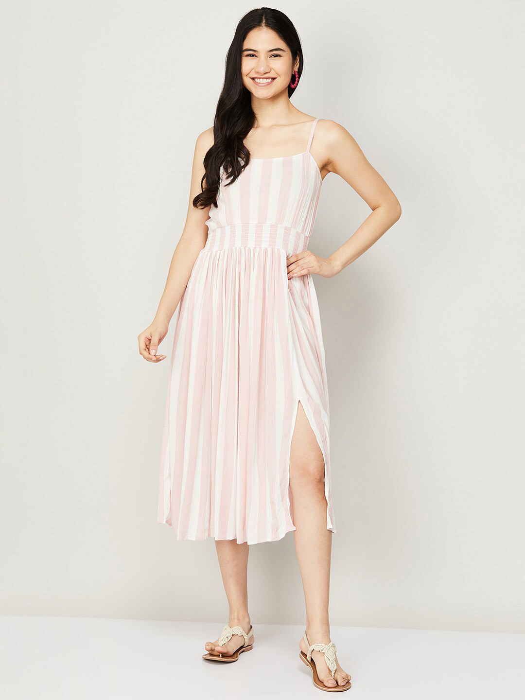Ginger by Lifestyle Women White Striped Viscose Rayon Midi Dress