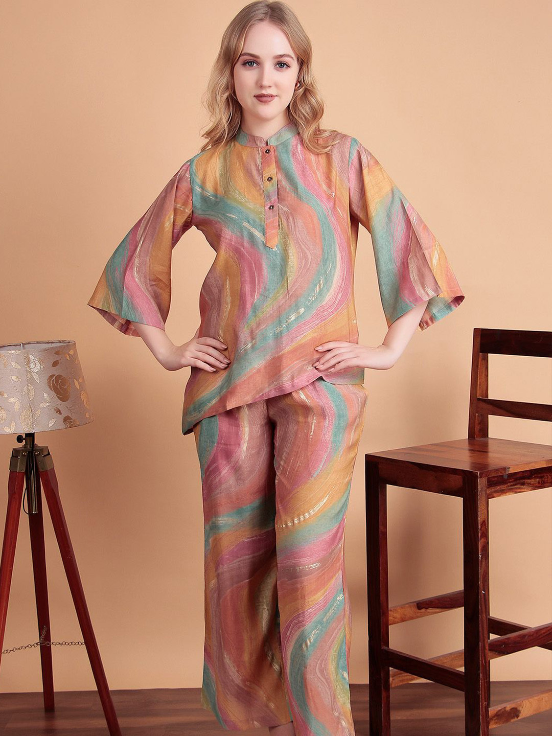 DARVI Aurora Swirl Printed Mandarin Collar Top With Palazzo