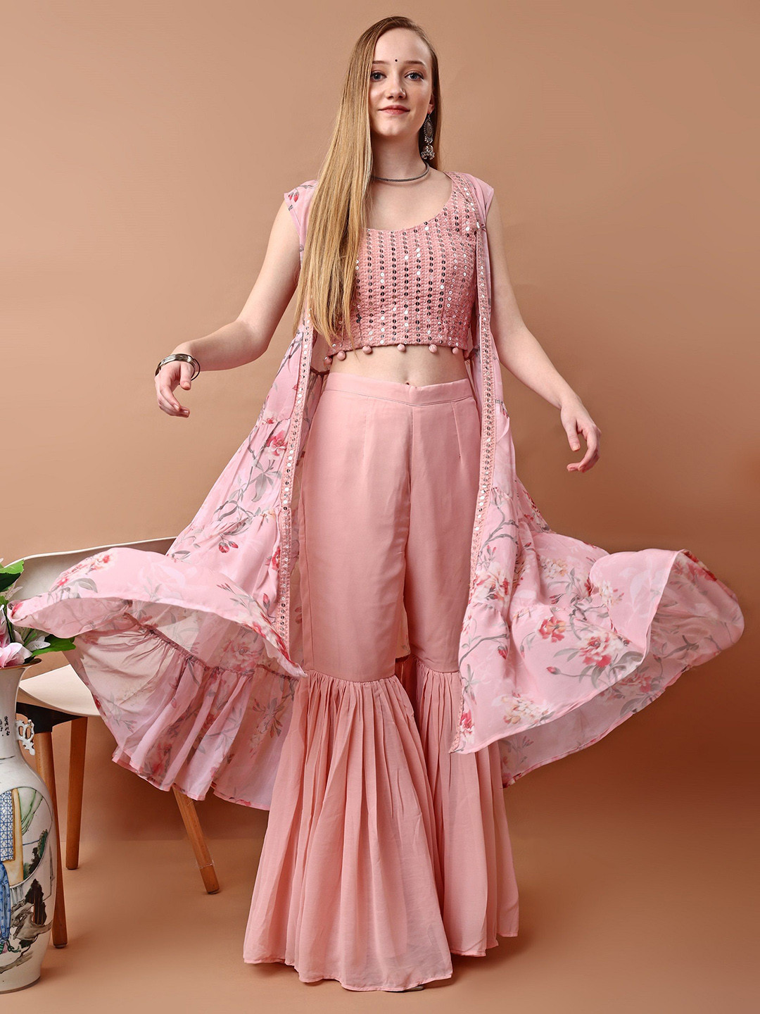 Glomee Pink Embellished Top with Solid Sharara & Floral Shrug