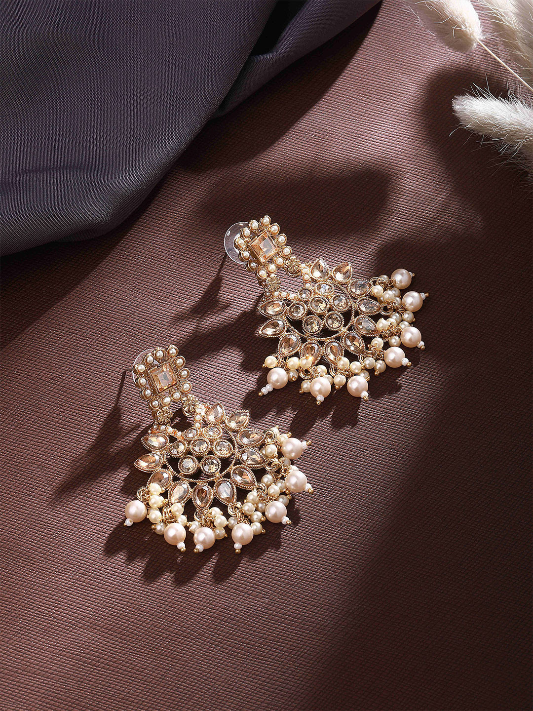ASMITTA JEWELLERY Gold-Plated Stones Studded & Pearls Beaded Contemporary Drop Earrings