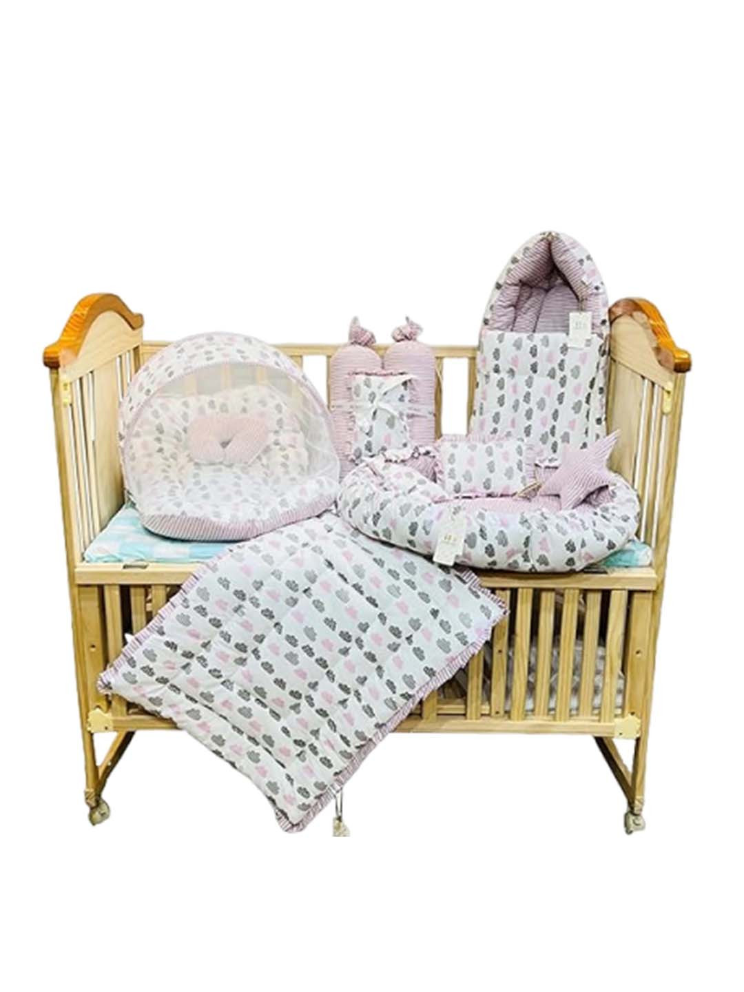 Fareto Infants Lavender Coloured & White Printed Cotton Baby Bed Set