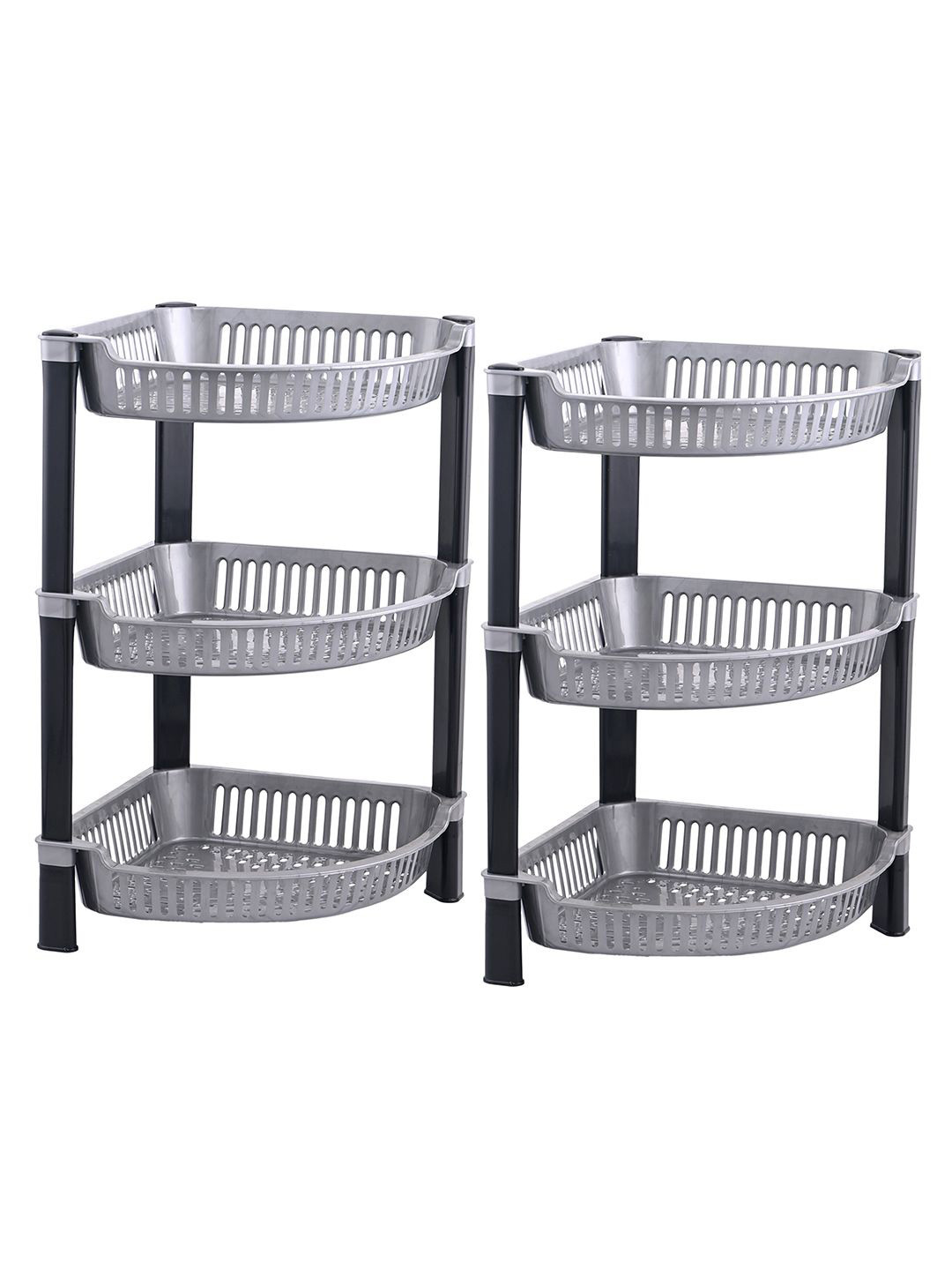 Kuber Industries Silver Toned 2 Pieces 3 Tier Folding Fruit & Vegetable Basket Stand