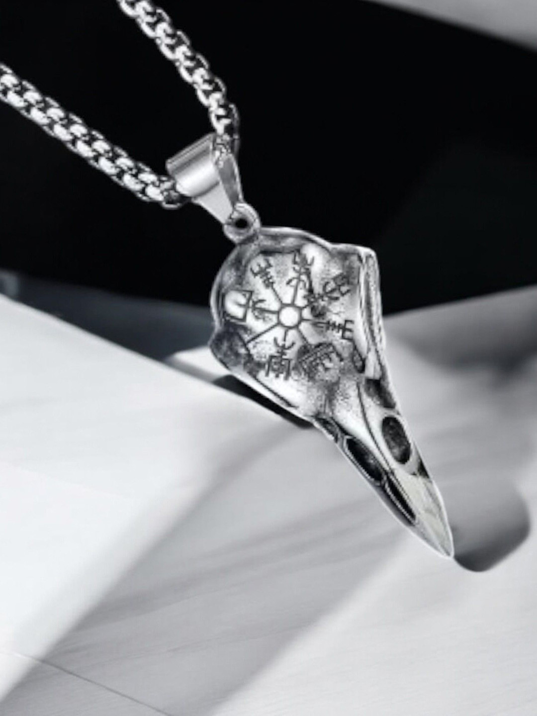 M Men Style Silver-Plated Biker Raven Bird Skull Contemporary Shaped Pendants With Chain