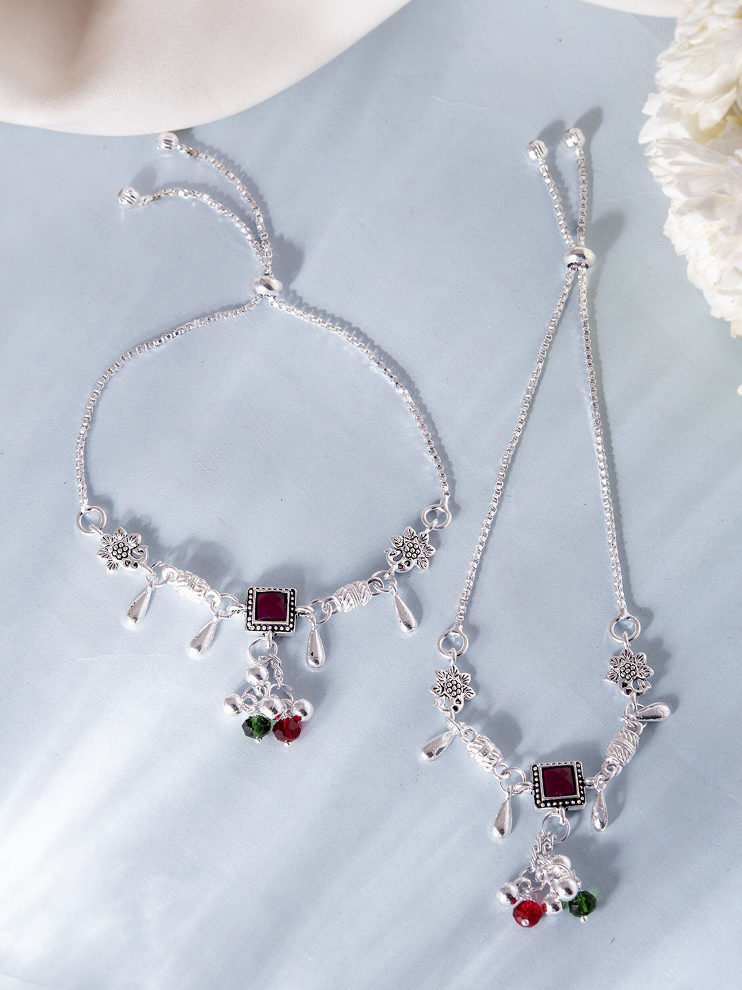 VOJ Set Of 2 Silver-Plated Stainless Steel Artificial Stones Studded And Beaded Anklet