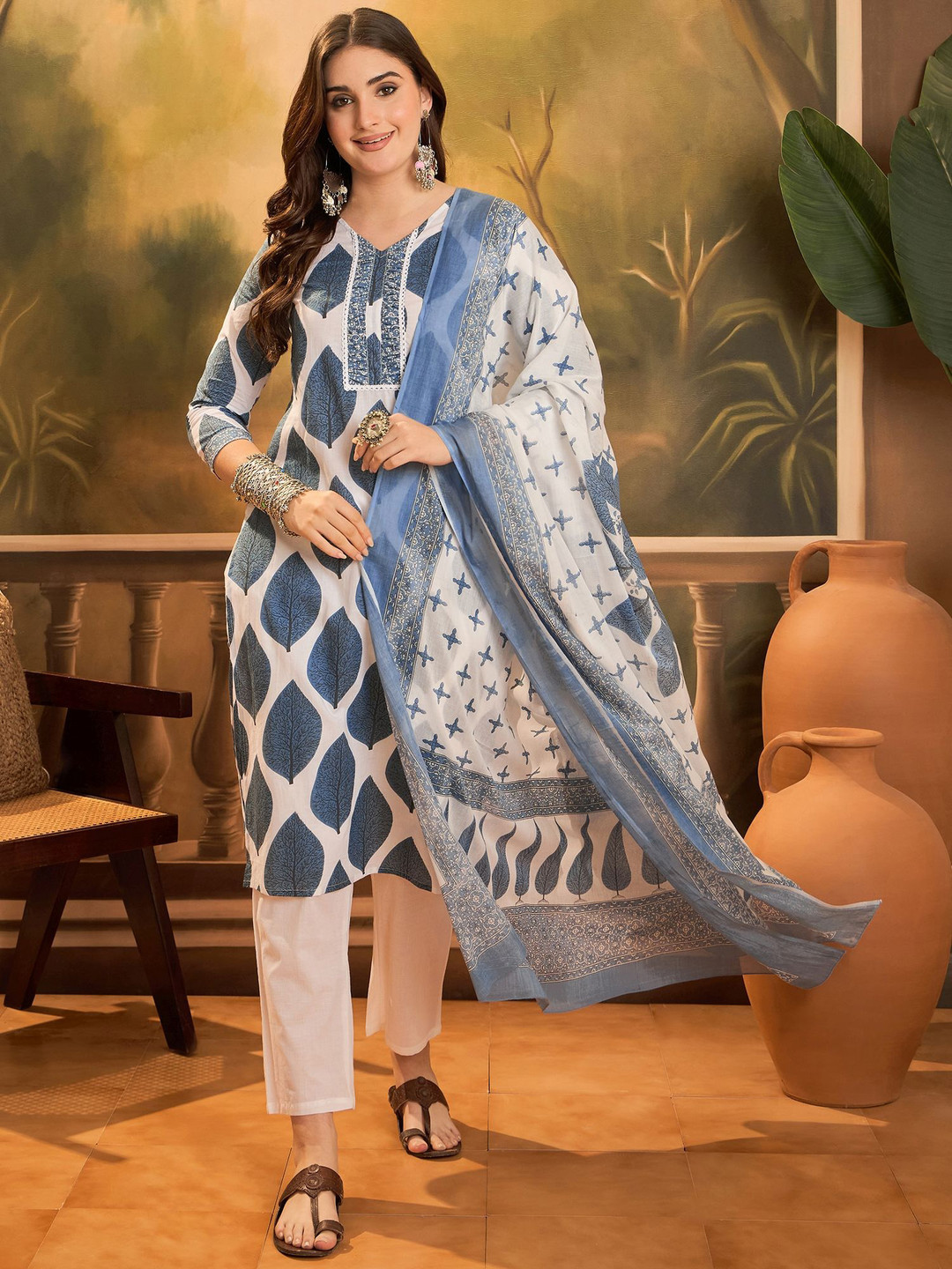 Sangria Printed 100% Cotton Kurta Pant With Dupatta