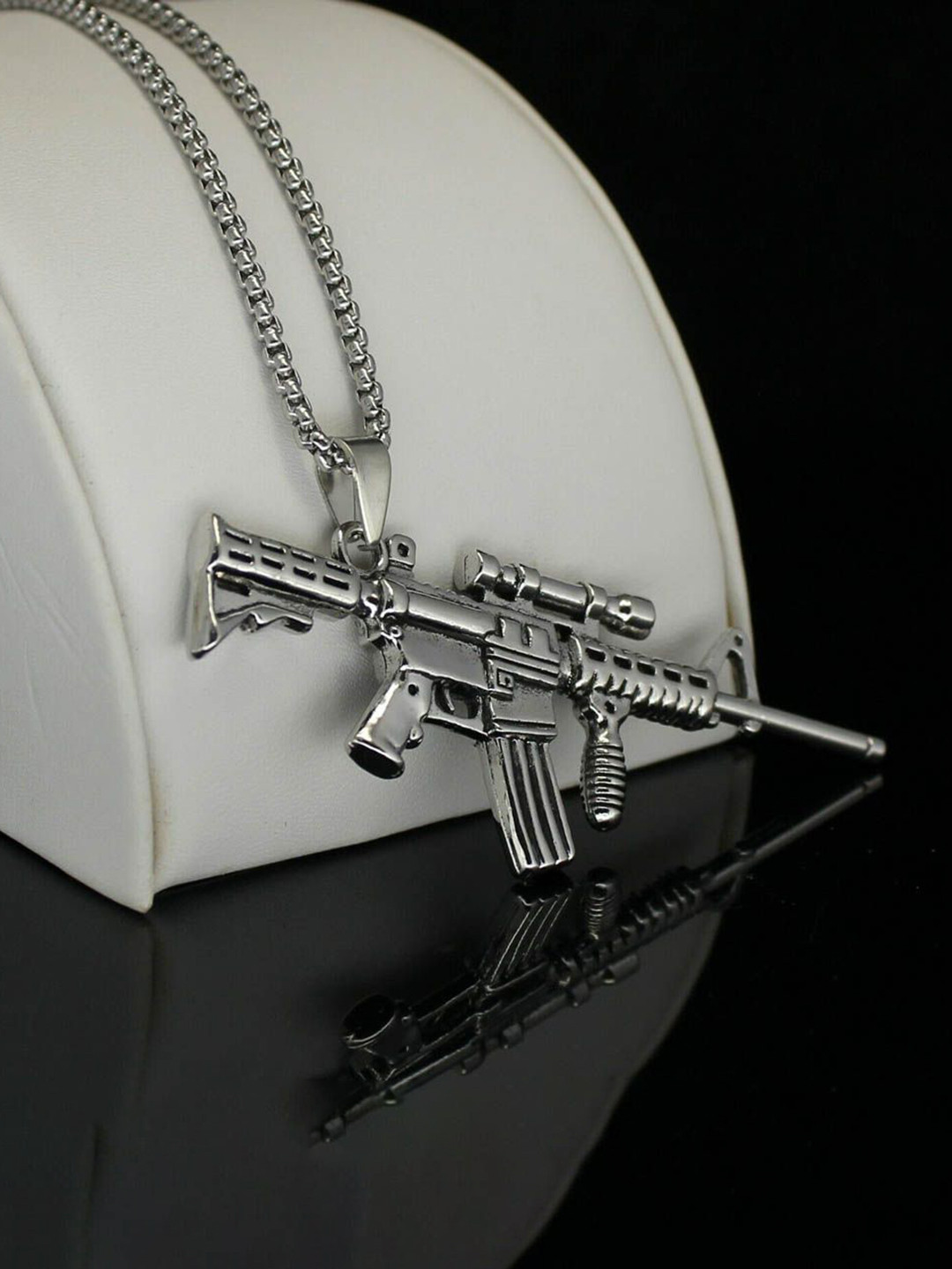 M Men Style Silver-Plated Army Rifle Machine Gun Locket Contemporary Pendants