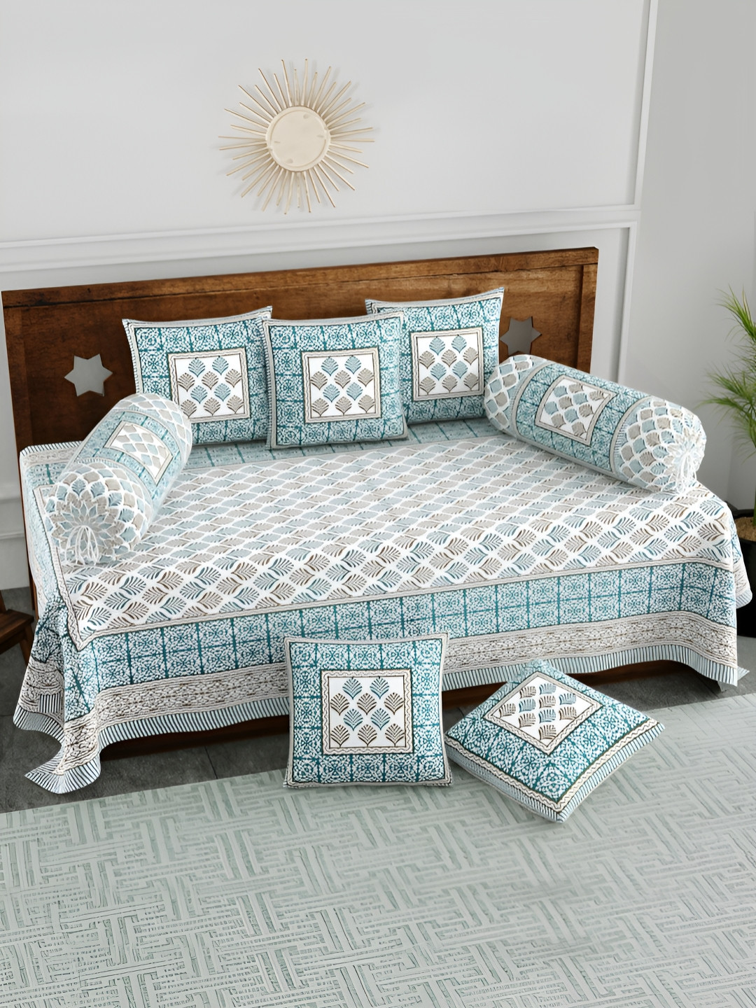 Myntra Elegant Homes White & Green 8-Pieces Printed Pure Cotton Diwan Set