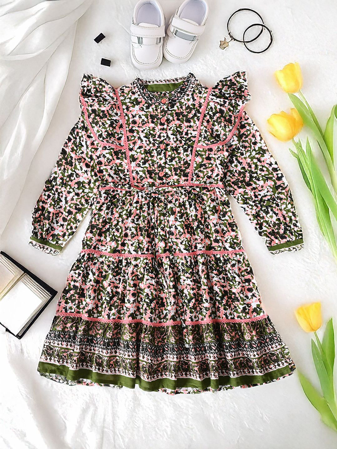 Bella Moda Girls Cotton Floral Printed Tiered Fit & Flare Dress With Lace Details