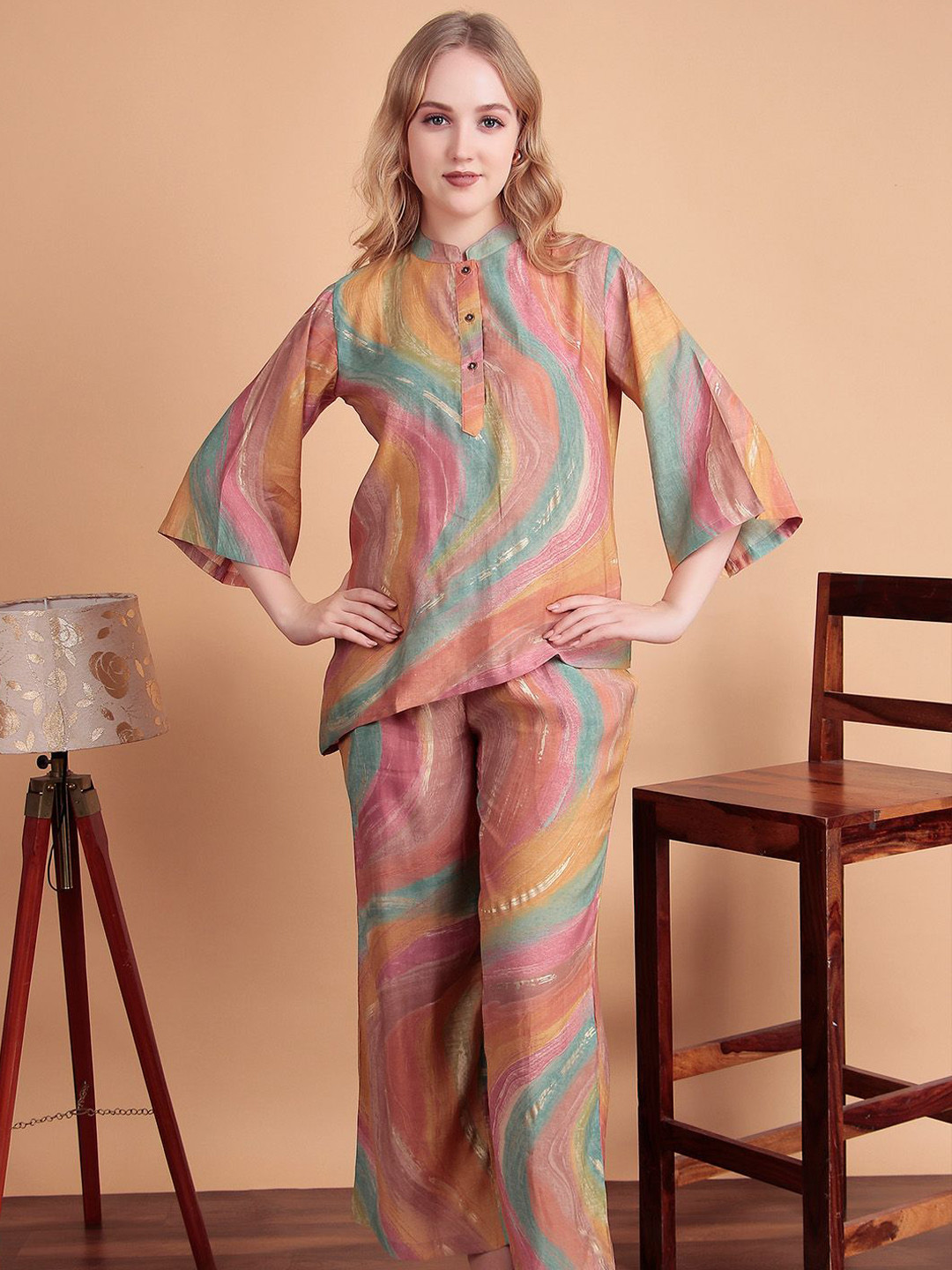 DARVI Aurora Swirl Printed Mandarin Collar Top With Palazzo