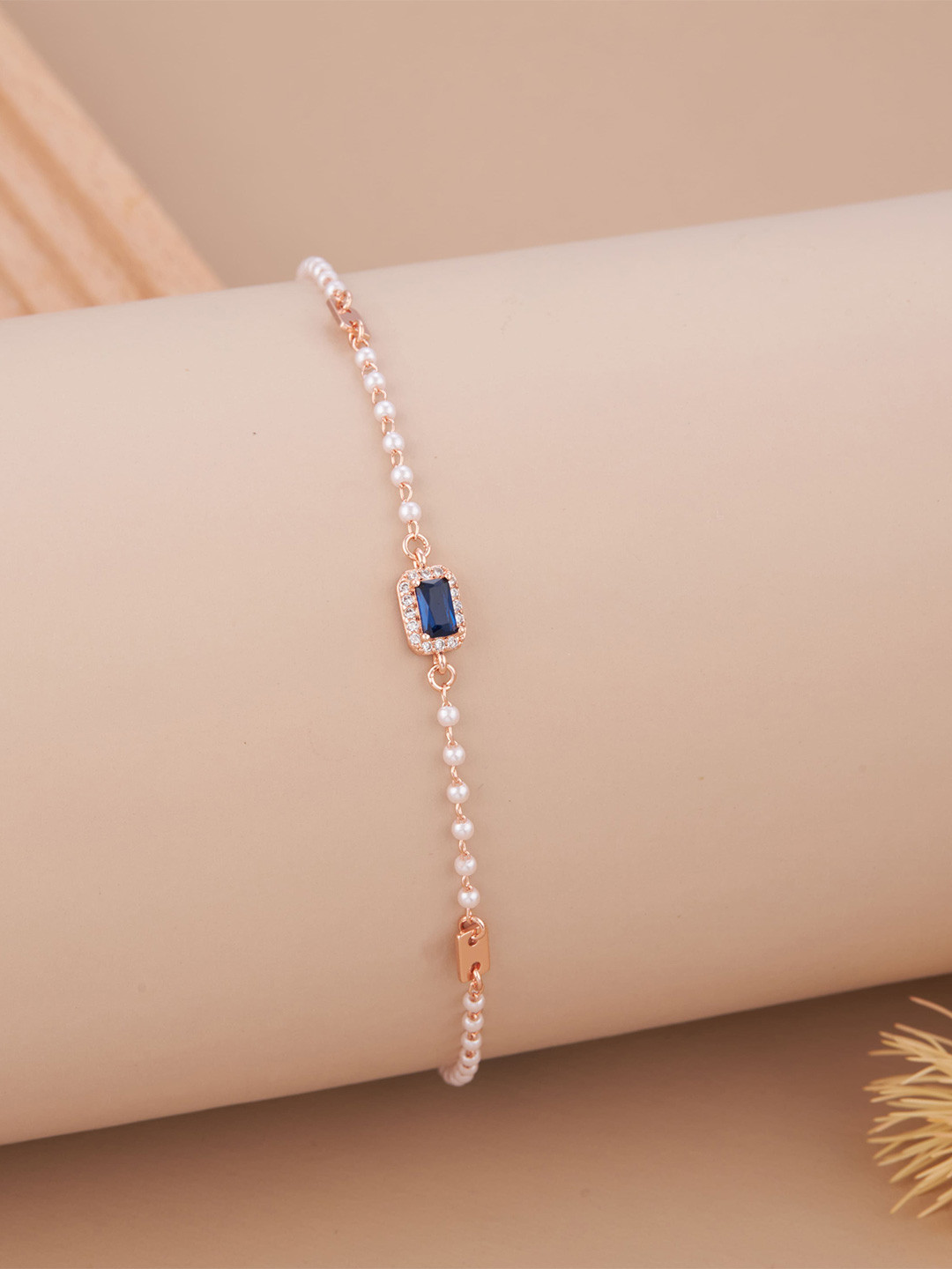 GC Jewelery Stainless Steel Rose Gold-Plated AD Studded & Pearl Beaded Wraparound Bracelet