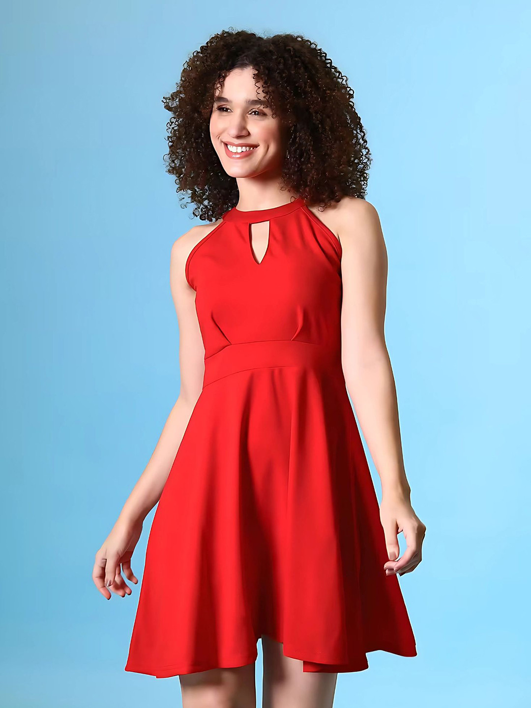 ZELZIS Women's Red Dress Sleeveless Fit & Flare Party Wear