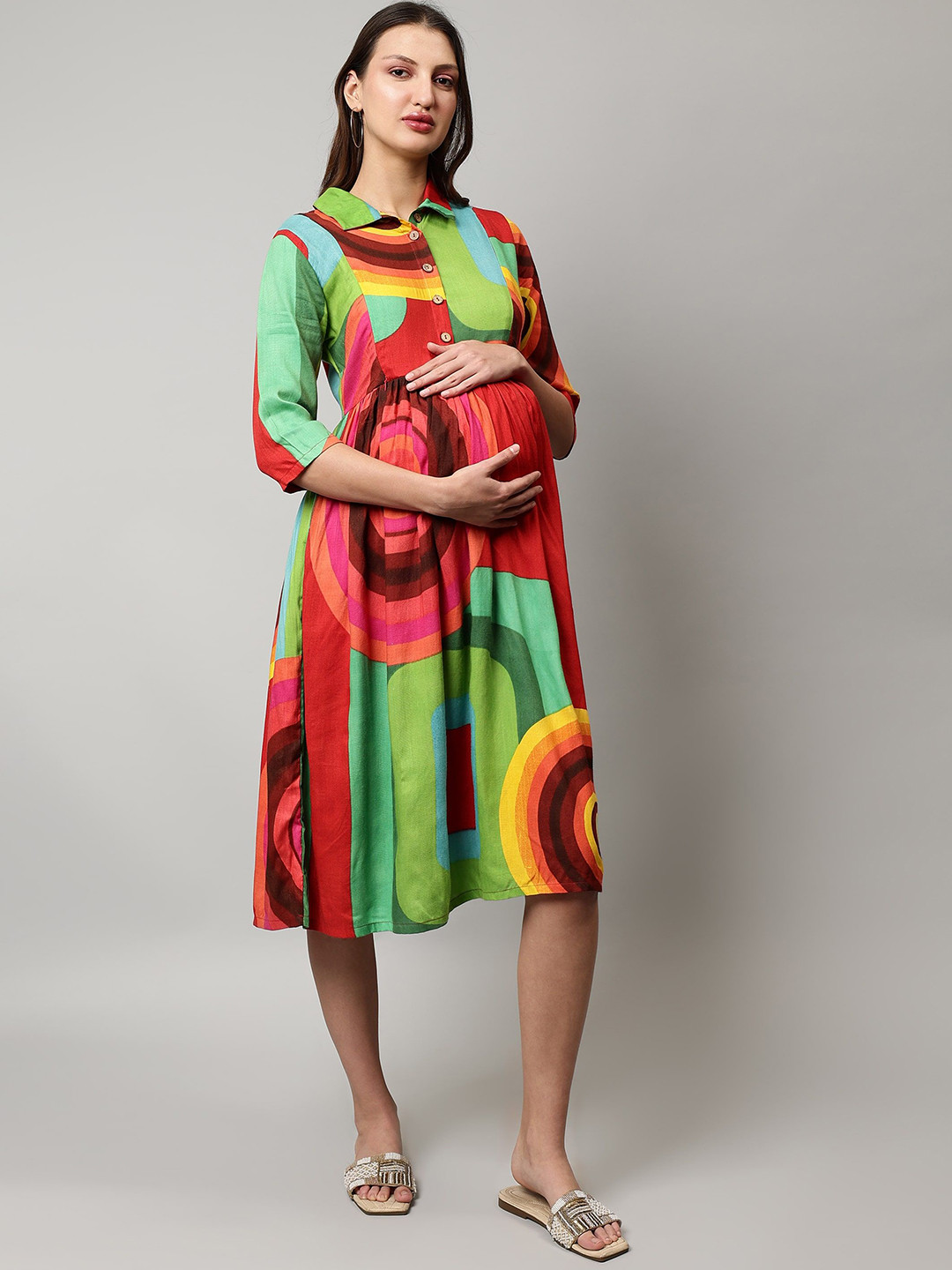 Cot'N Soft Abstract Printed Shirt Collar Gathered or Pleated Maternity A-Line Cotton Dress