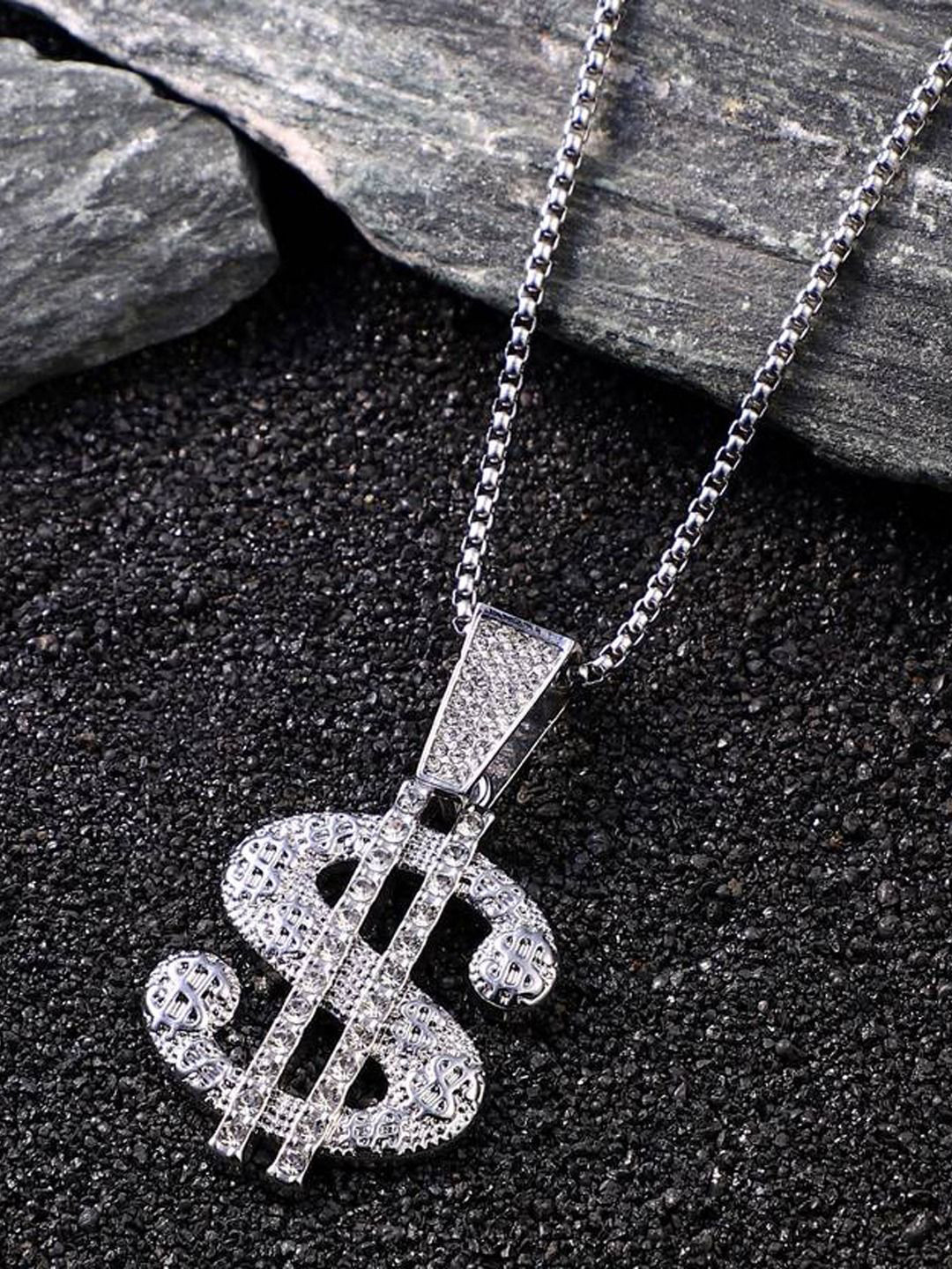 KRENOZ Men Silver-Plated Stainless Steel Stone Studded Dollar Shaped Pendant With Chain