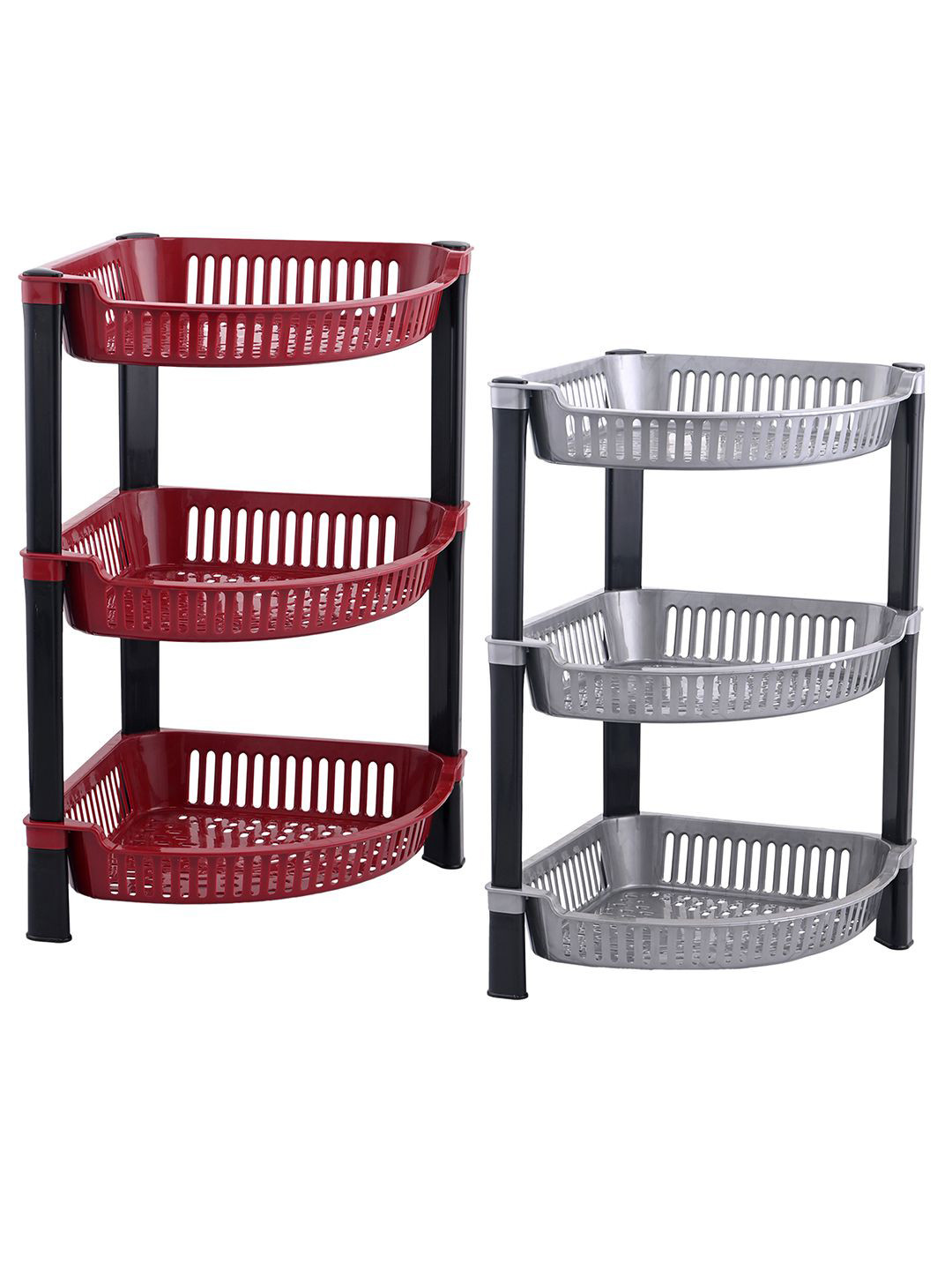 Kuber Industries Brown & Grey 2 Pcs 3 Tier Folding Plastic Fruit & Vegetable Basket Stand