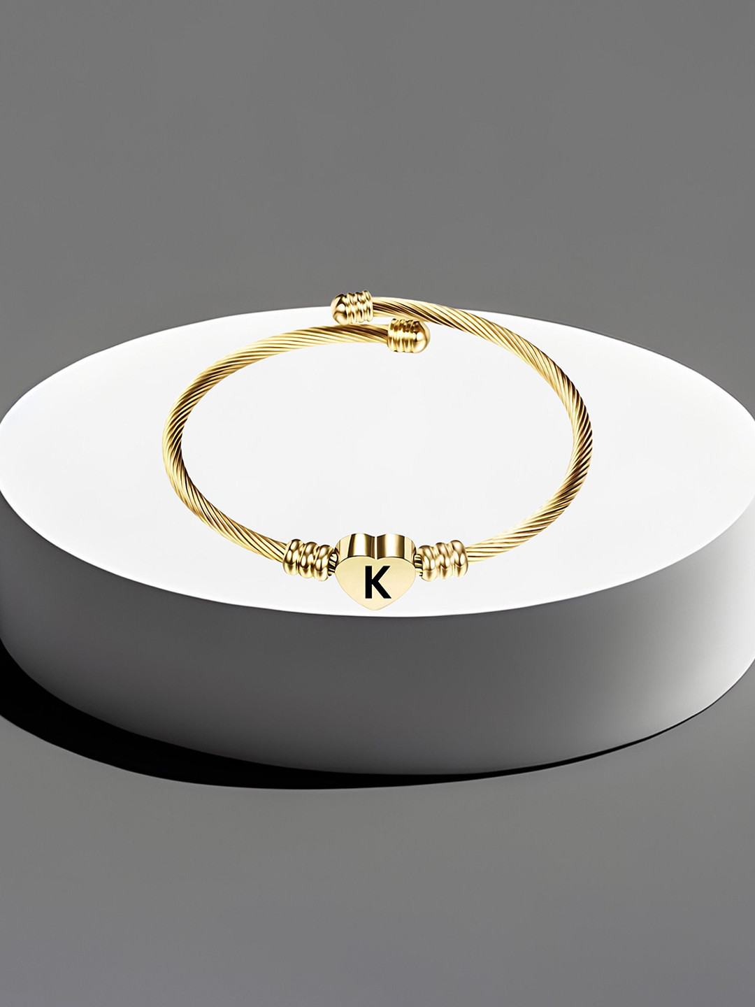 M Men Style Gold-Plated Stainless Steel Heart Initials Engraved K Cuff Bracelet