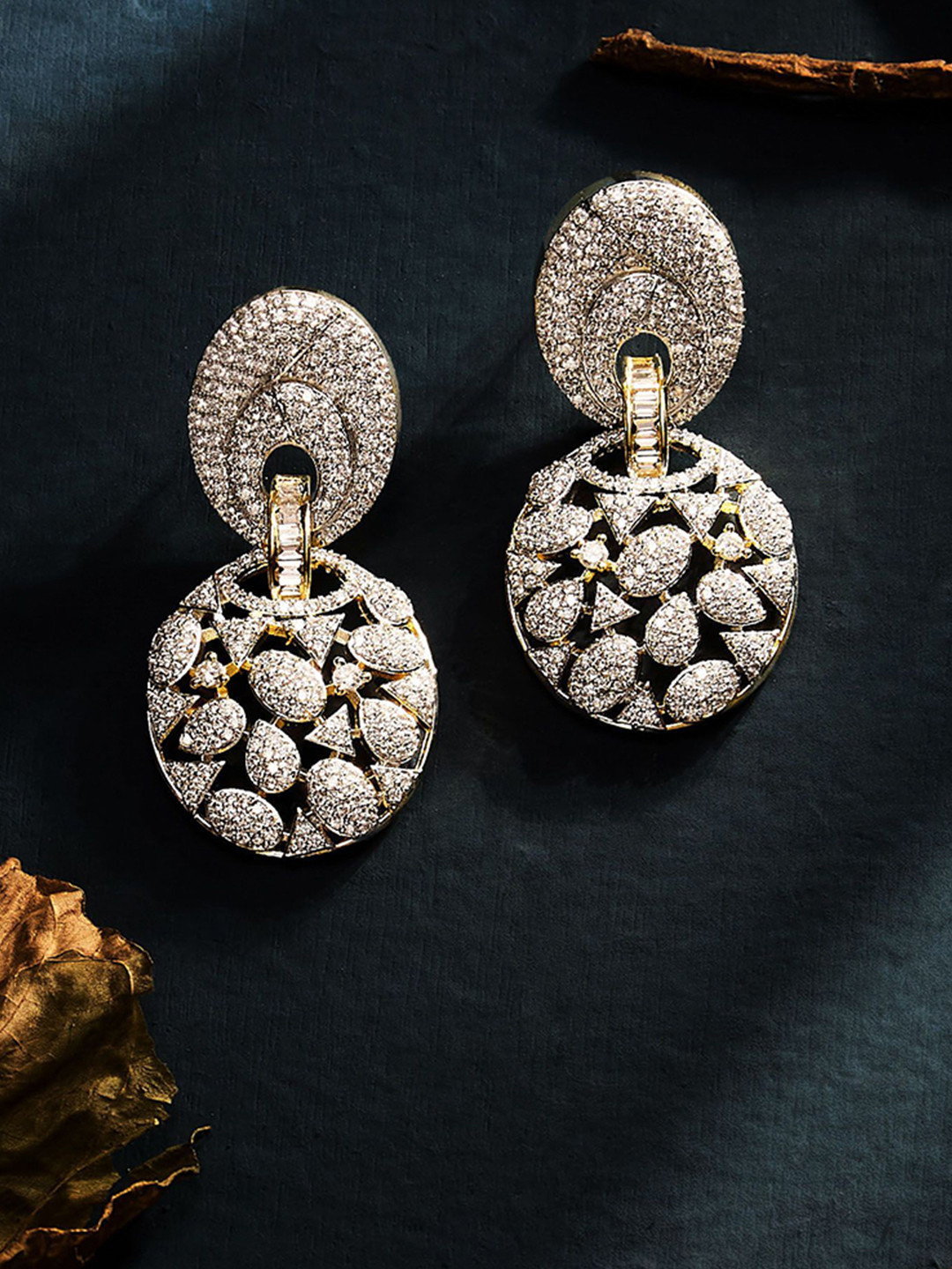 ASMITTA JEWELLERY Gold-Plated Dual Toned AD & CZ Studded Oval Shaped Drop Earrings