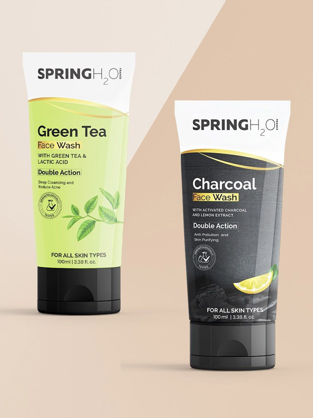 Spring H2O Set Of 2 Green Tea  & Charcoal Face Wash For Glowing Skin - 100 ml Each