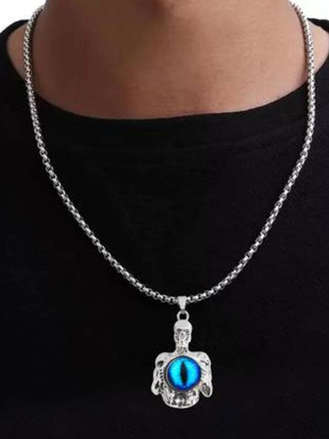 Krelin Men Silver-Plated Stainless Steel Stone Studded Evil Eye Skeleton Pendant & Chain