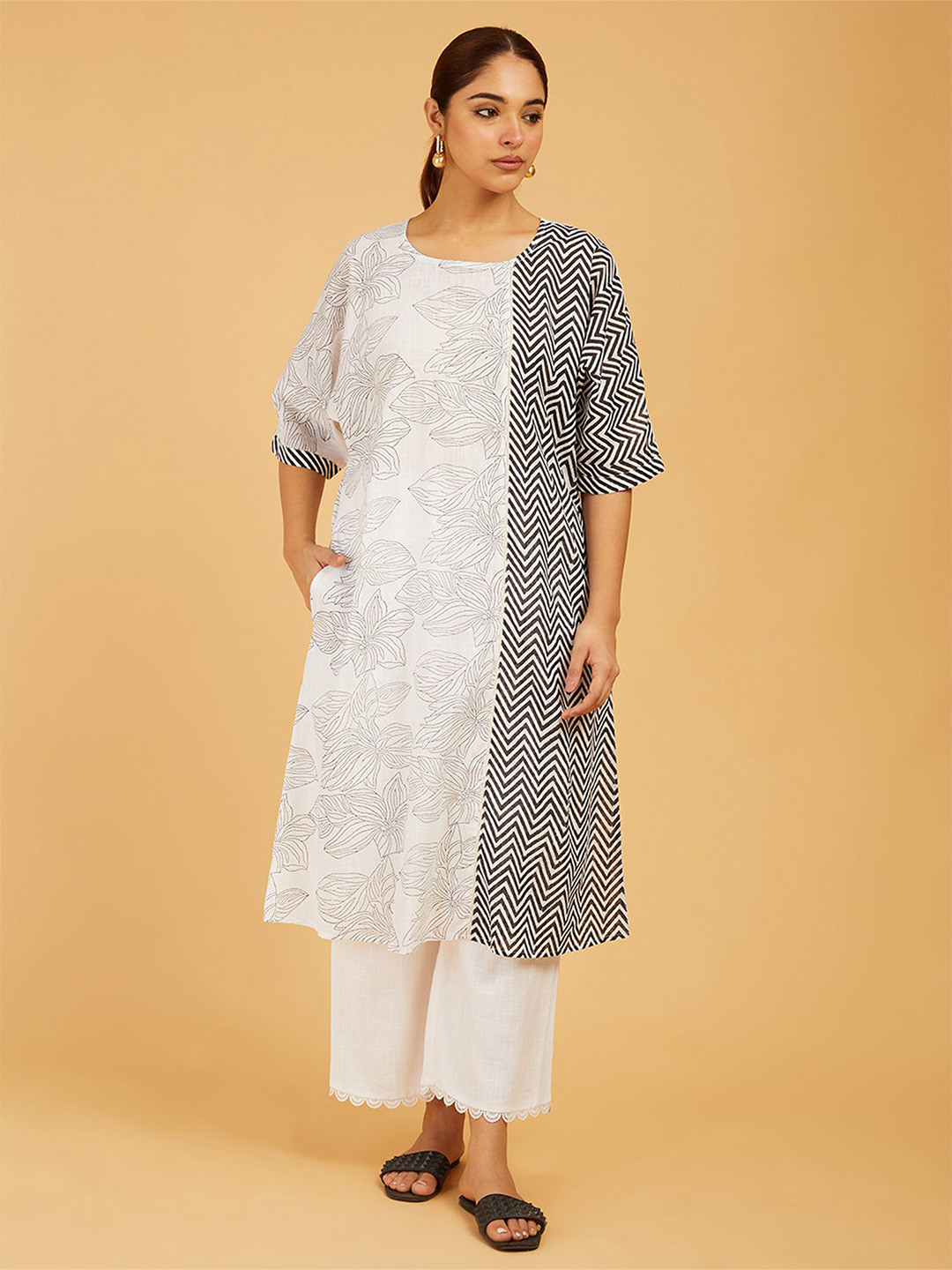 CYAN Floral Printed Round Neck A-Line Cotton Kurta