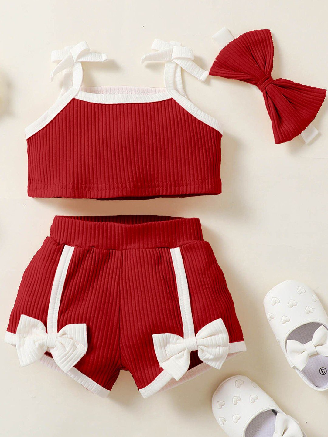 BAESD Girls Self Design Top With Bow Styled Shorts Set With Headband