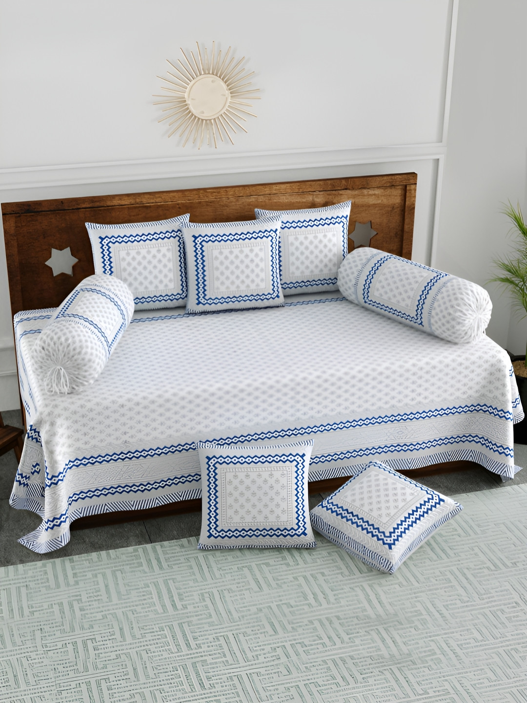 Myntra Elegant Homes Set Of 8 Pieces White & Blue Printed Cotton Diwan Set