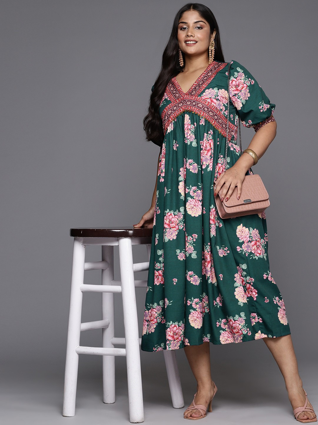 A PLUS BY AHALYAA Plus Size Floral Printed A-Line Midi Dress