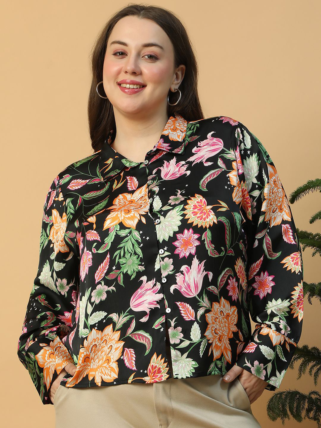 Oxolloxo Plus Size Floral Print Button Down Collared Long Sleeve Satin Shirt