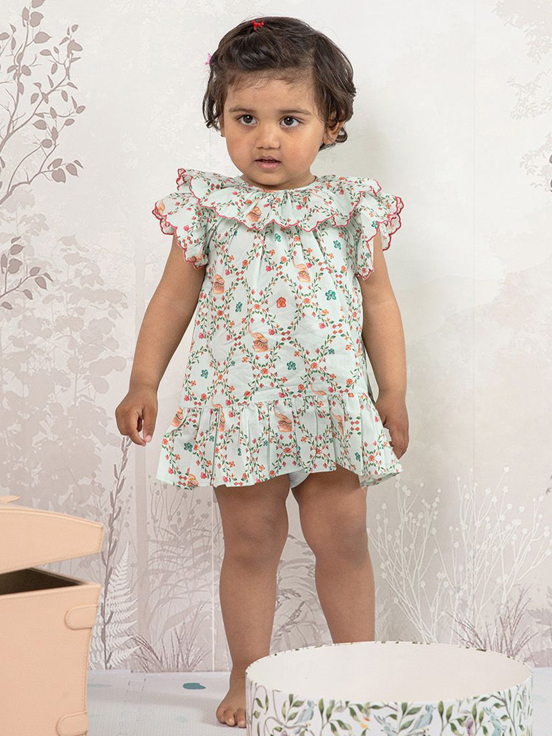 THE BABY TRUNK Baby Girl Mint Ele Trellies Printed Dress
