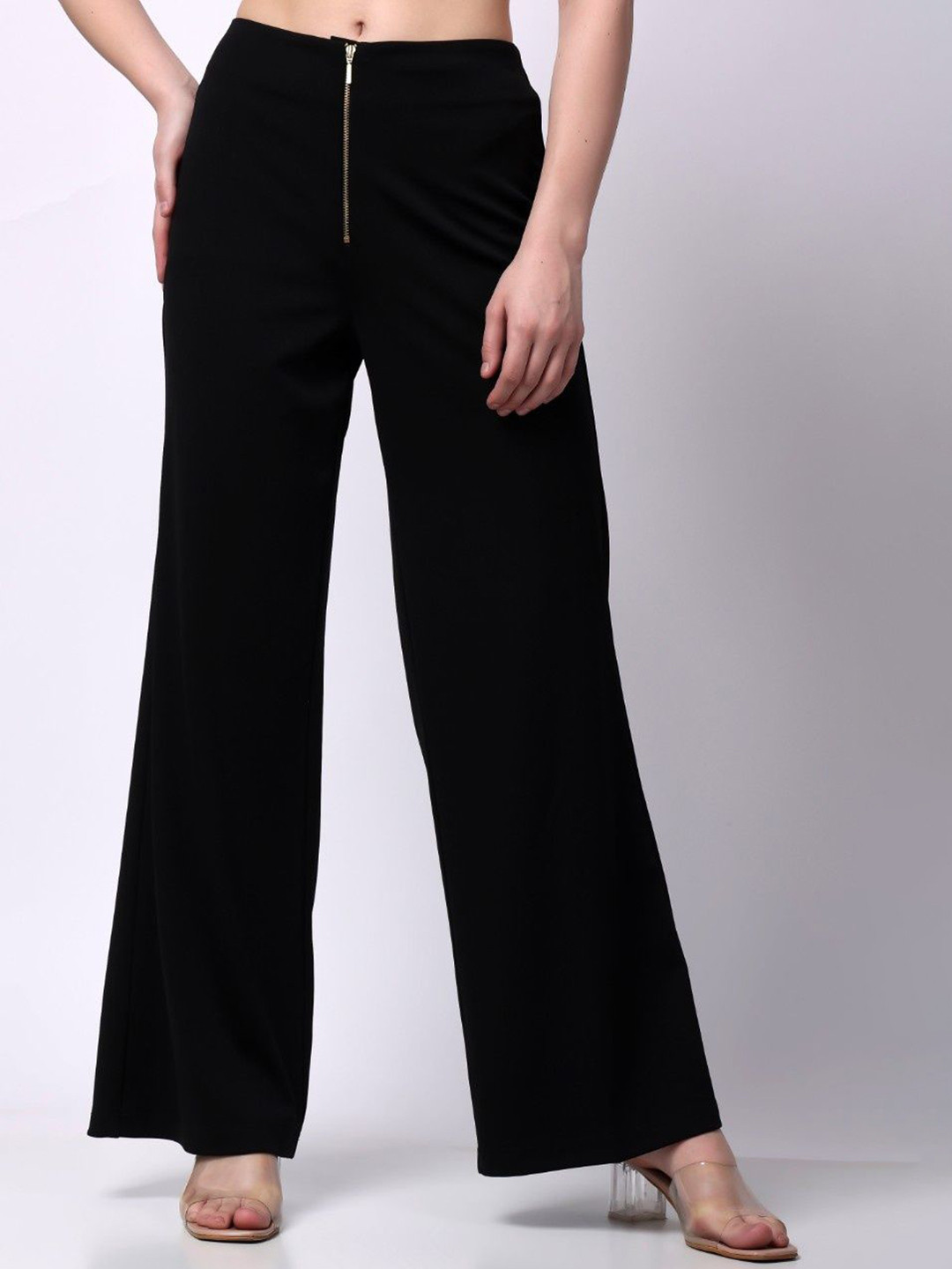 MEEAMI FASHION Black Banana Crepe Front Zip Trouser