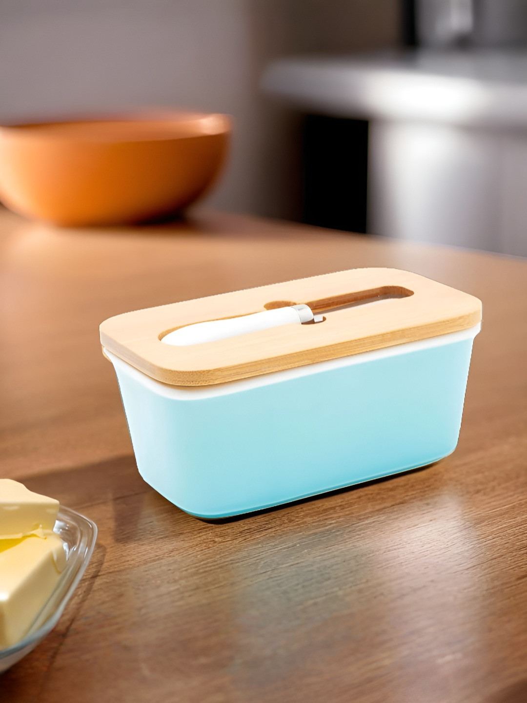 The Better Home Brown & Blue Ceramic Butter Dish With Bamboo Lid & Knife