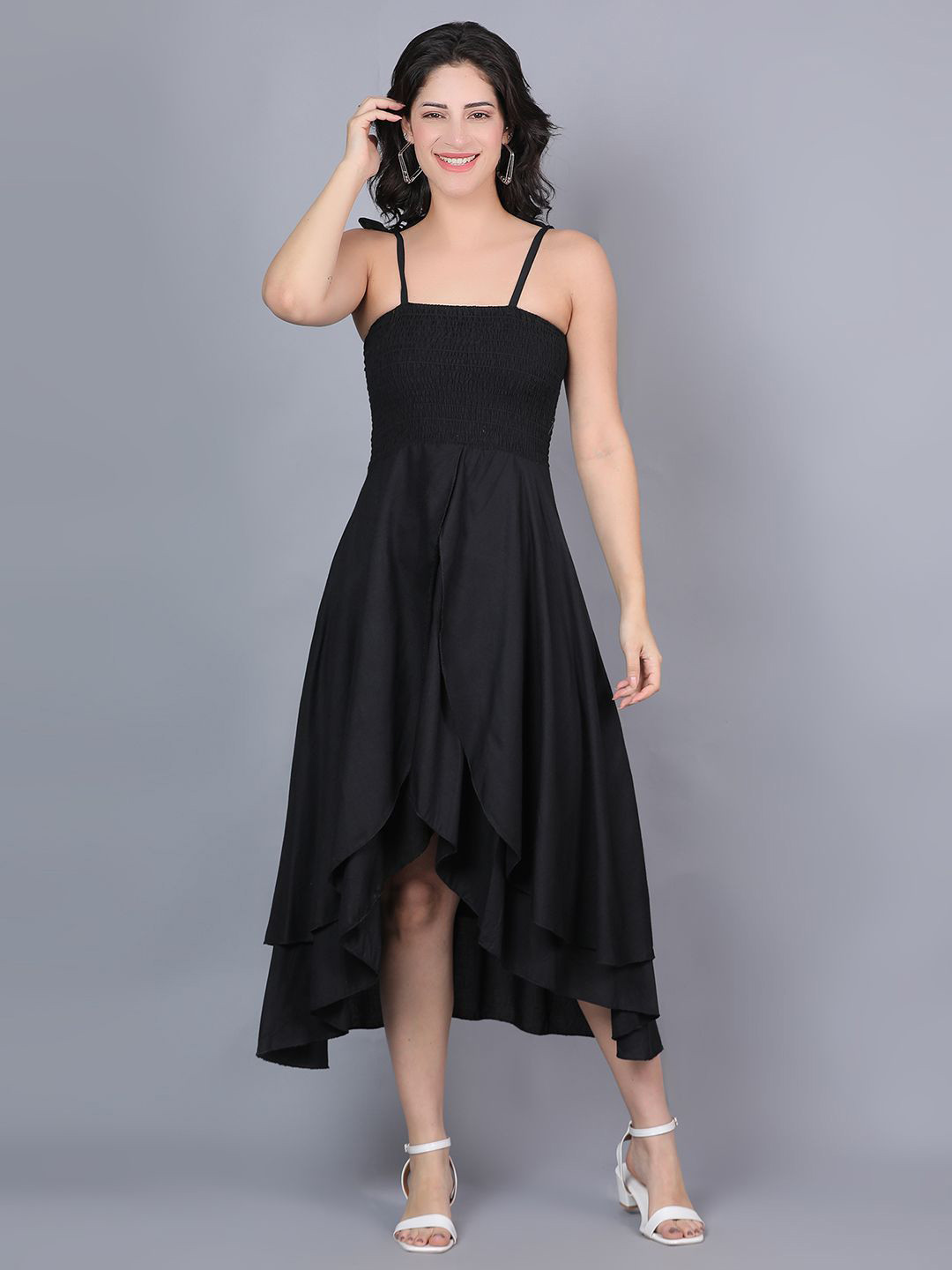 ROSEMELON Women Smocked Fit & Flare High-Low Midi Dress