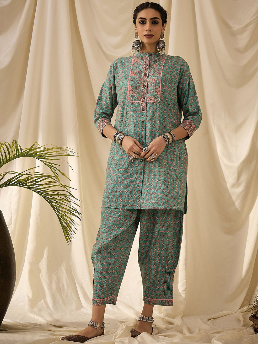STADO Floral Printed Pure Cotton Mandarin Collar Straight Kurta With Salwar